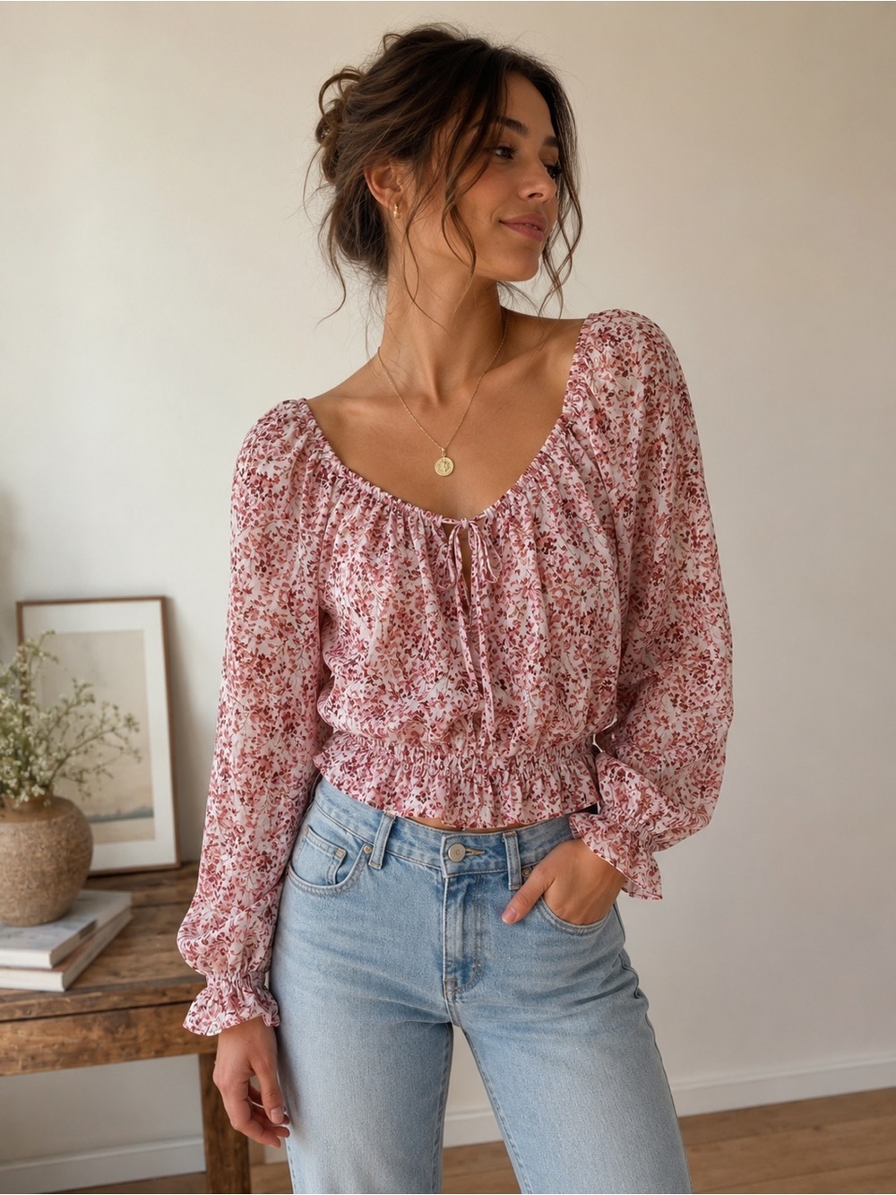 Love Tree Floral Peplum Blouse Pink Long Sleeve Smocked Cottagecore Boho Size S